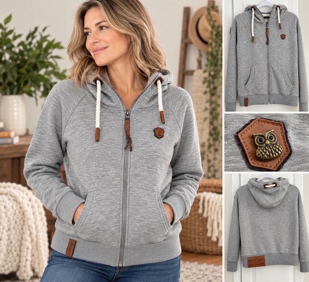 Naketano Women’s Full Zip Hoodie Size L Unique Gray Owl Patch Rope Drawstrings